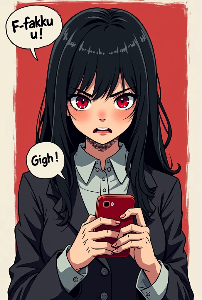 (masterpiece, best quality:1.2), (2comic panels, dot halftone, flat color), black hair, red eyes, vampire girl, scrolling on smart phone, (saying "F-Fakku U!" with angry face)