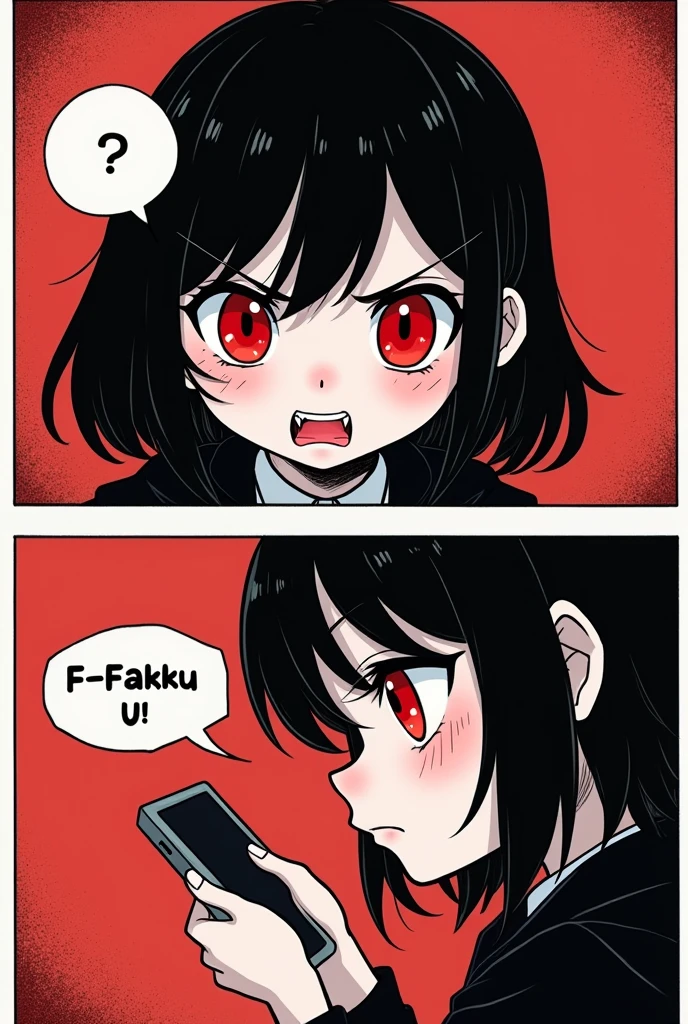 (masterpiece, best quality:1.2), (2comic panels, dot halftone, flat color), black hair, red eyes, vampire girl, scrolling on smart phone, (saying "F-Fakku U!" with angry face)