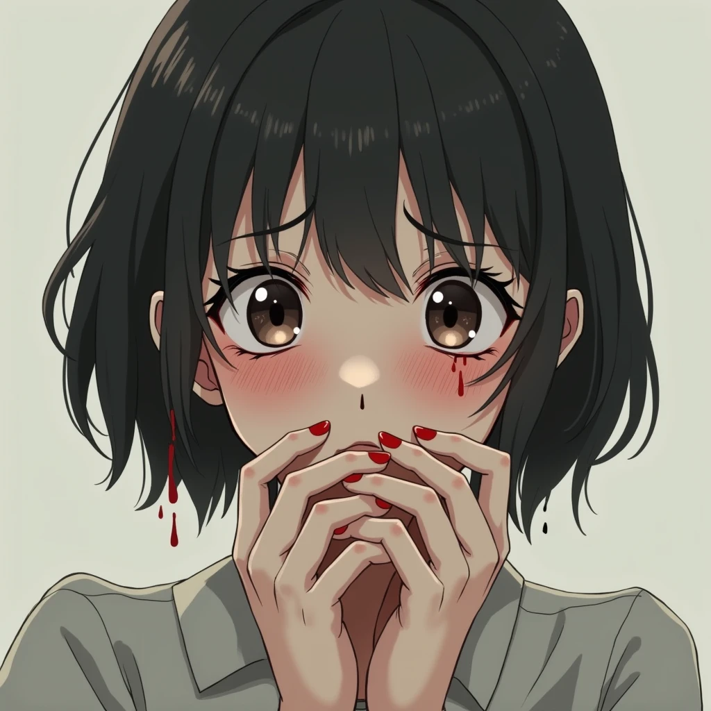A mature anime girl with sad eyes... Many hands covering her mouth ... Red blood drops on her face and eyes...
