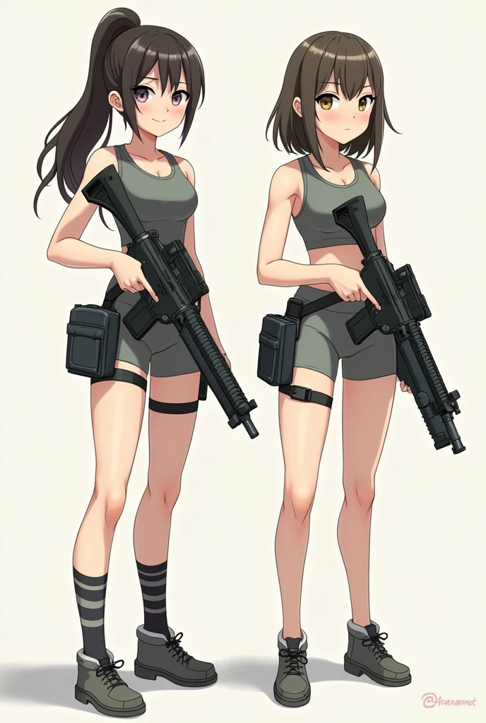 Two lightly armed beautiful girl soldiers wearing compression shorts. Anime style. Small breasts.