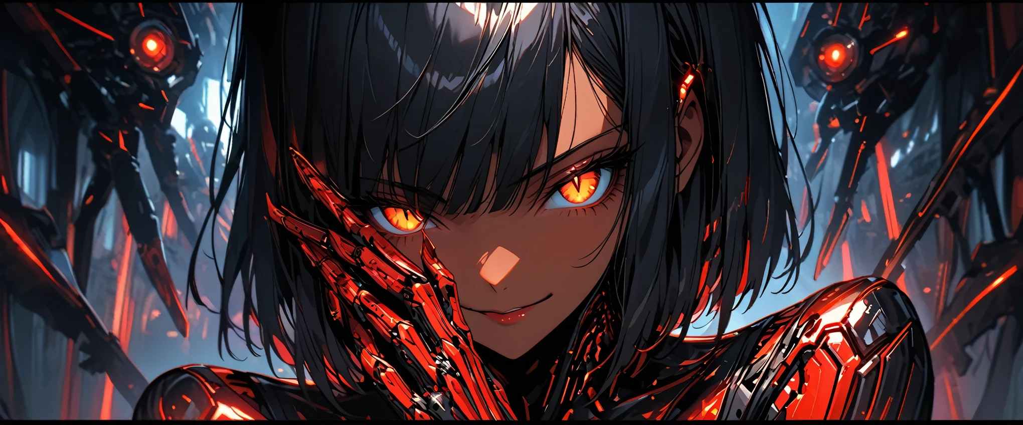 solo, female, close up medium shot, Black hair, sleek and straight hair, chin-length bob cut, slightly tousled bangs framing her face, hair infused with metallic threads, shimmering hair, slit pupils, amber-gold iris, augmented eyes, Smooth skin, tan, faint silvery veins visible just beneath the surface of her skin, skin illuminated from within, Lean, athletic, long limbs, additional arachnid mechanical, confident stance, slender mechanical legs, small glowing nodes scattered across her body, cybernetic enhancements, medium shot, pinup pose, workshop, dark, futuristic, smirk