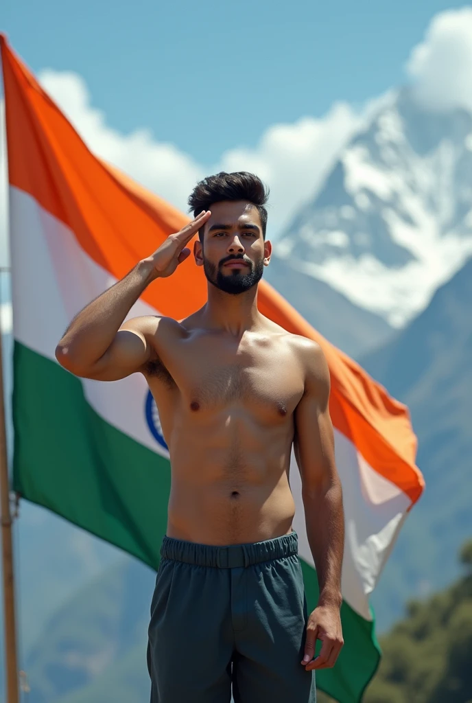 A boy saluting With background of indian flag and himalayas with decent body showing his body posing bchips Without beard age of 19
Showing his face and good body