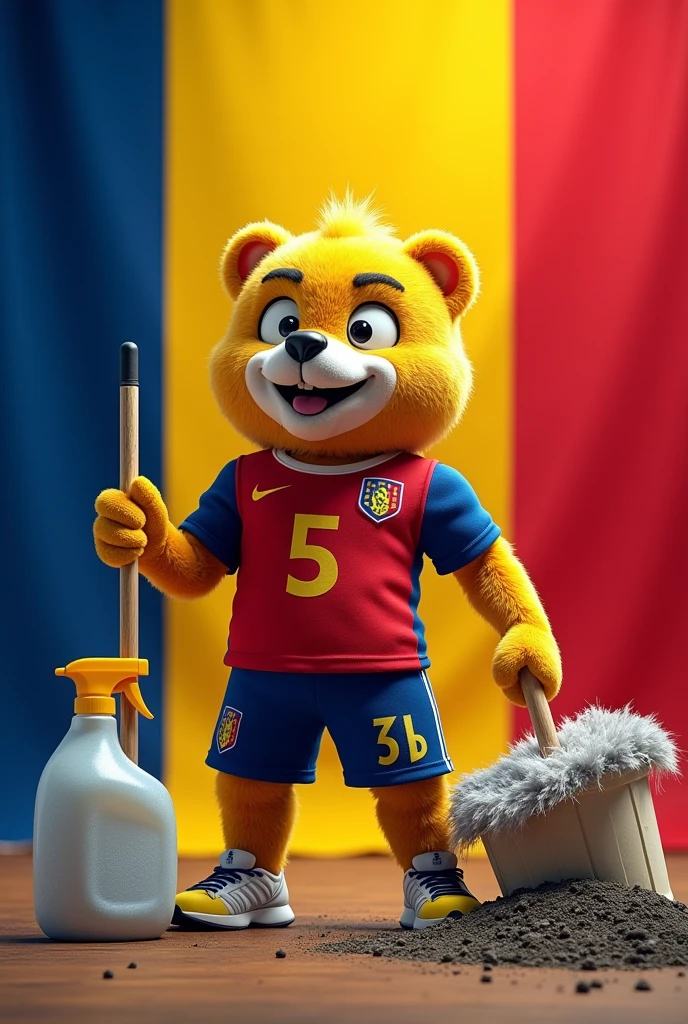 I would like an image of the Romanian flag with the mascot of the Romanian national team symbolizing a war against dirt, and the number 5 written on the mascot's shirt./with cleaning supplies in hand