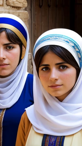 A group of young Jewish women with Biblical Tichel in a village. facefocus