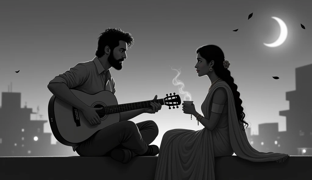 
## Potential Prompt:

A grayscale, romantic scene set under a crescent moon on a quiet rooftop. A man with a beard, dressed in casual clothes, plays an acoustic guitar while seated on a ledge. Next to him, a woman wearing a traditional saree, with her hair in a braid, holds a steaming cup and gazes at the man with a soft, loving expression. The background features dimly lit buildings, with a few scattered leaves blowing in the breeze, creating a serene and intimate atmosphere. The overall mood is peaceful and tender.