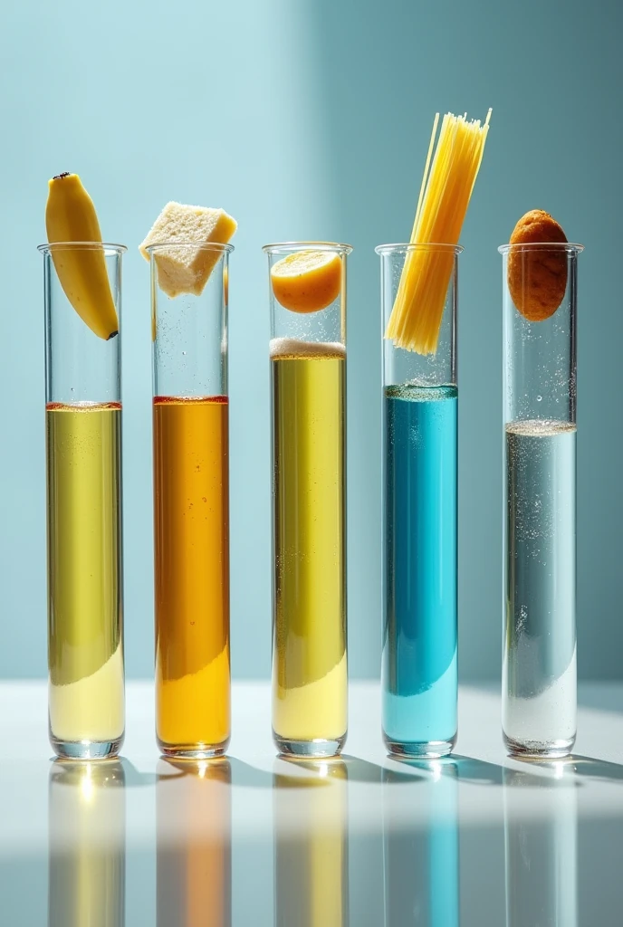generates 6 test tubes and that each one is added a drop of Lugol ,and each test tube has a different food , in the first test tube a piece of banana is added to the second a piece of potato or potato to the third a few grams of sugar to the fourth a small piece of bread to the fifth a few grams of rice to the sixth a small piece of noodle , each tube with its respective chemical reaction , more noticeable with those that have starch all straight without errors