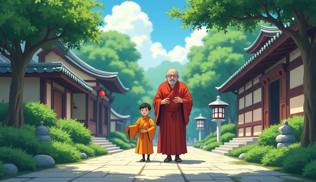 Young monk student walking with old fat master monk, temples, surrounded by beautiful trees, in anime style, 