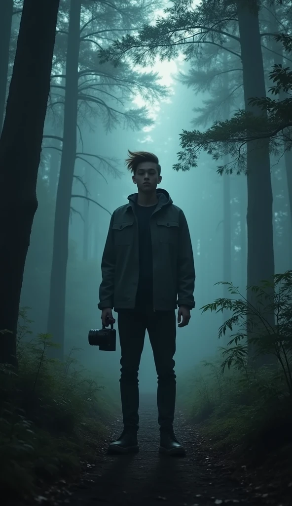 Shadow of a young man with sambo hair with a camera in his hand recording videos for YouTube, in the middle of a dark forest 