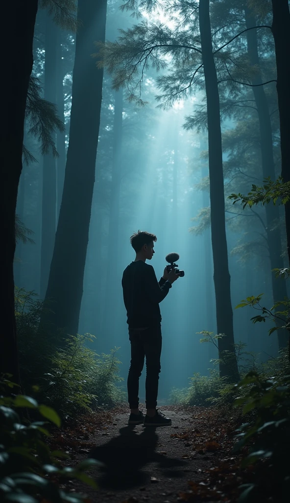 Shadow of a young man with sambo hair with a camera in his hand recording videos for YouTube, in the middle of a dark forest