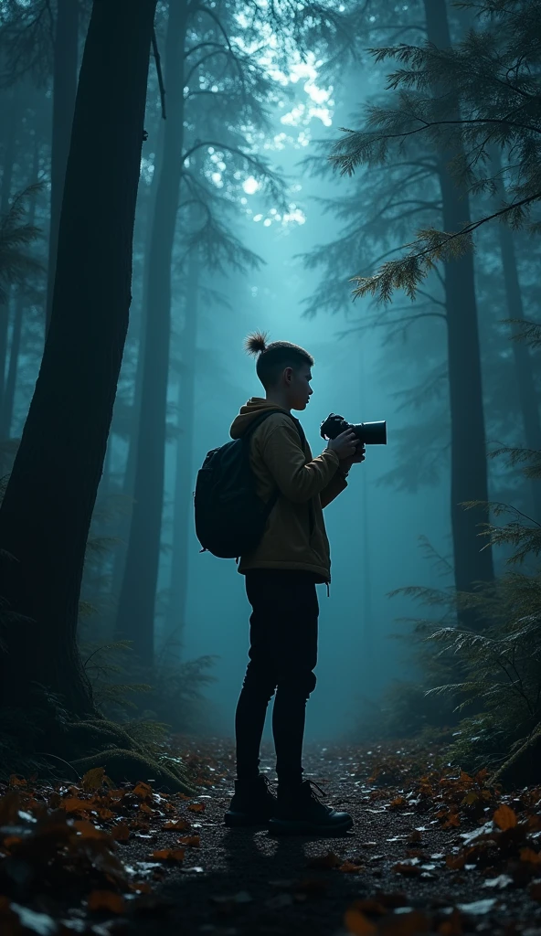 Shadow of a young man with sambo hair with a camera in his hand recording videos for YouTube, in the middle of a dark forest