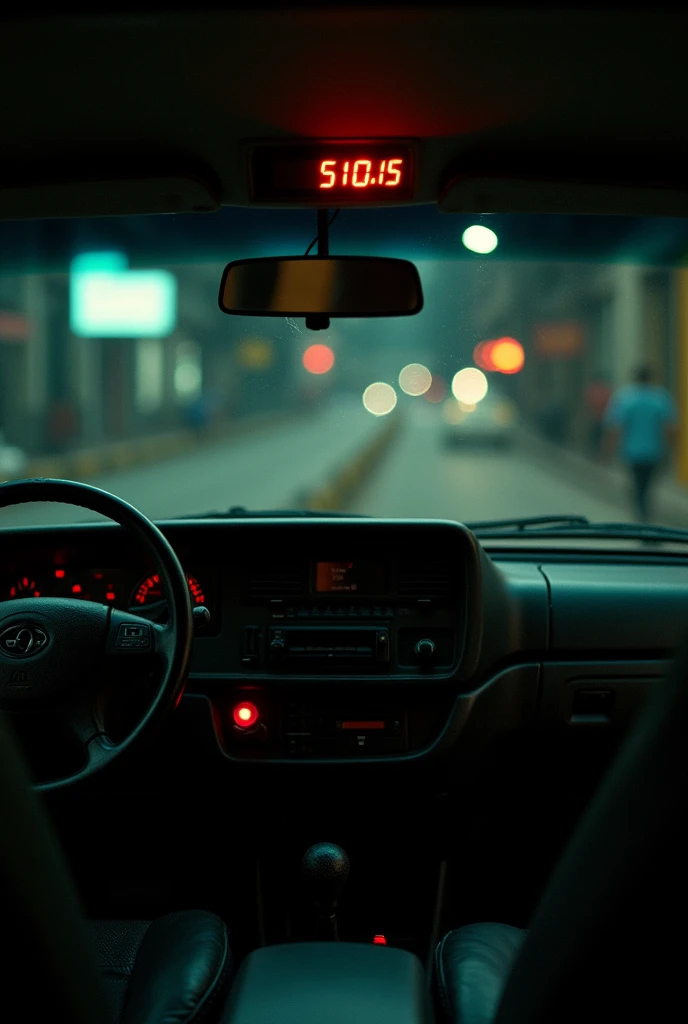 Internal cabin of a taxi without people with the taximeter showing a value of 10 on its red displays:15, having a night background in a Latin American country, and looking like a photo taken with a low-end cell phone.
