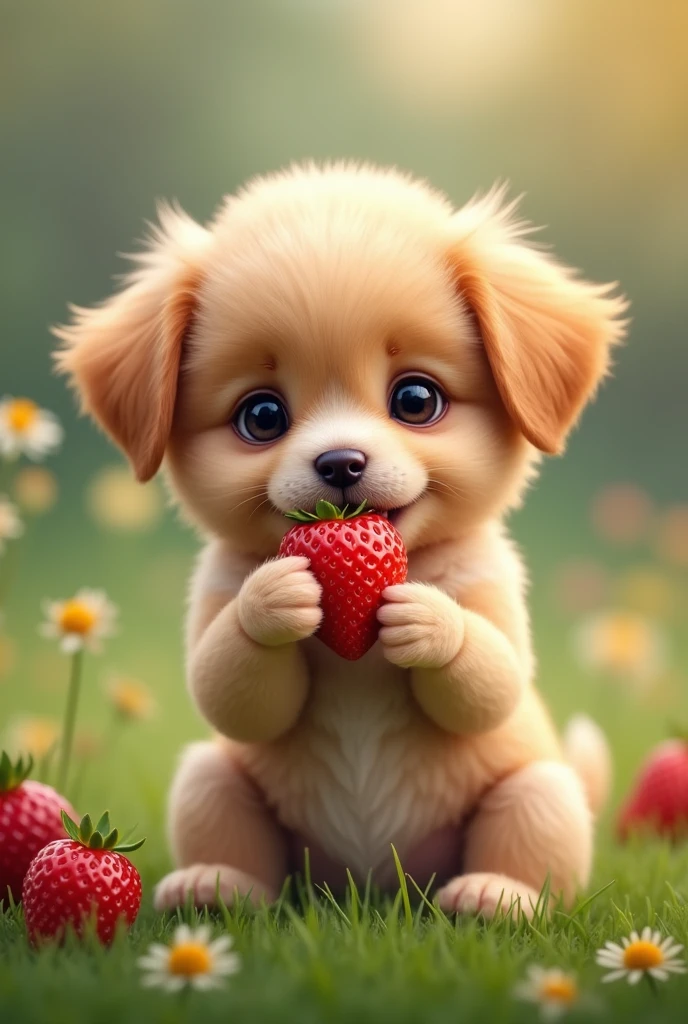 picture of a puppy eating a strawberry