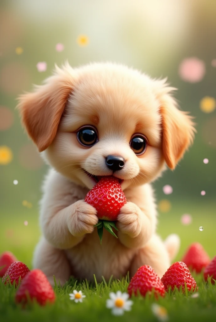 picture of a puppy eating a strawberry