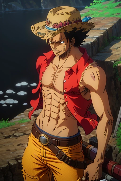 A bounty hunter unlike any other, in the style of the One Piece character, Monkey D. Luffy.