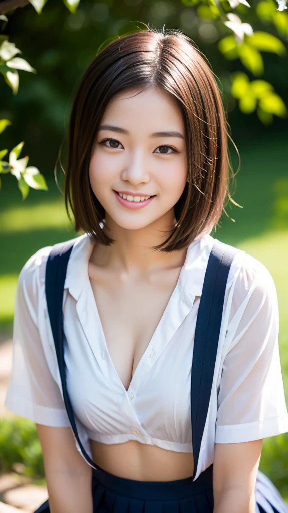 Pure young Japanese school girl, sexual attractive, wearing summer uniforms, little loose blouse chest, no makeup, natural black short hairstyles, sweet smile, sweet temptation, soft summer sunlight, feeling soft breeze in hair, professional pin-up portrait photography