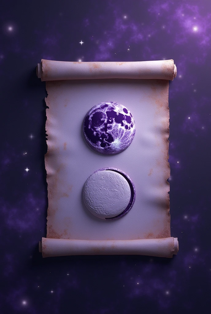 A purple parchment with a white seal in the shape of a moon (that one is open and the other closed)