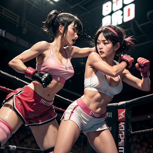 their punches are hitting to each other's faces. they are beating each other so hard. bloody beautiful Japanese female fighters are fighting in the octagon.survival battle. dynamic exciting action in the octagon fighting ring. whole body picture. they are covered in scars and bruises. they are damaged terribry. Short-cut black hair, out of breath, drooling from mouth, one eye is closed, exhausted, drenched in sweat. Erect nipples. open finger glove. Ragged white and pink sports bra, high leg panty, Stockings. armwarmers. small breasts, armwarmers. Whittled waistline