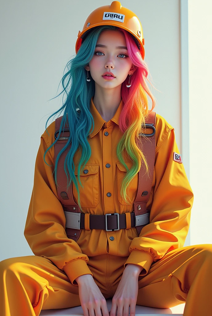 Personne androgyne avec les cheveux long couleur arc-en-ciel habillé avec des habit de travail type chantiers version class, inspiration kpop, assise avec le sourire 
