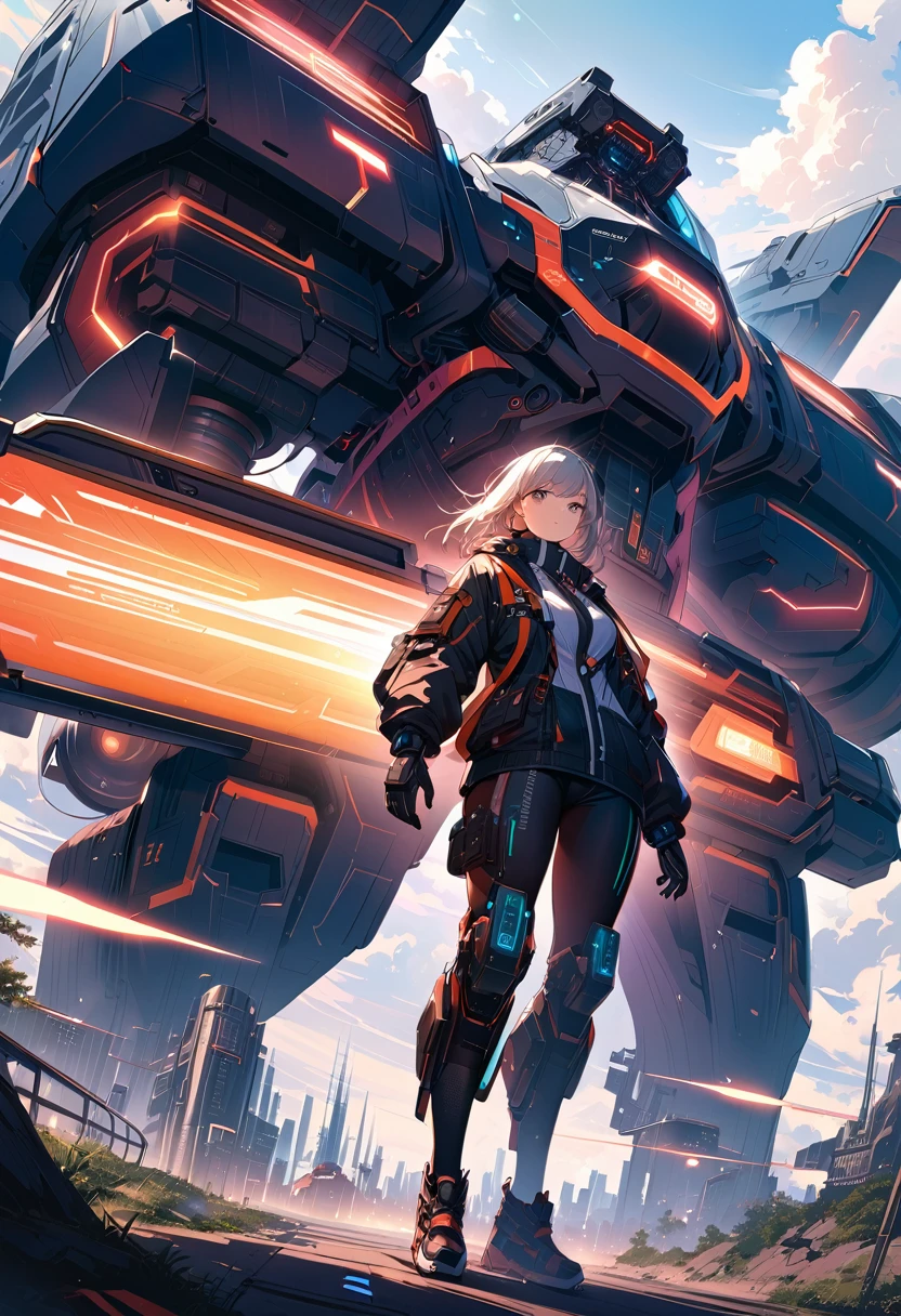 A cyborg girl in a cyberpunk mech suit, massive floating electromagnetic cannons at her sides, from below, sky, clouds, highly detailed, Impato, hyperrealistic, sci-fi, futuristic, intricate, complex, mechanical, glowing,