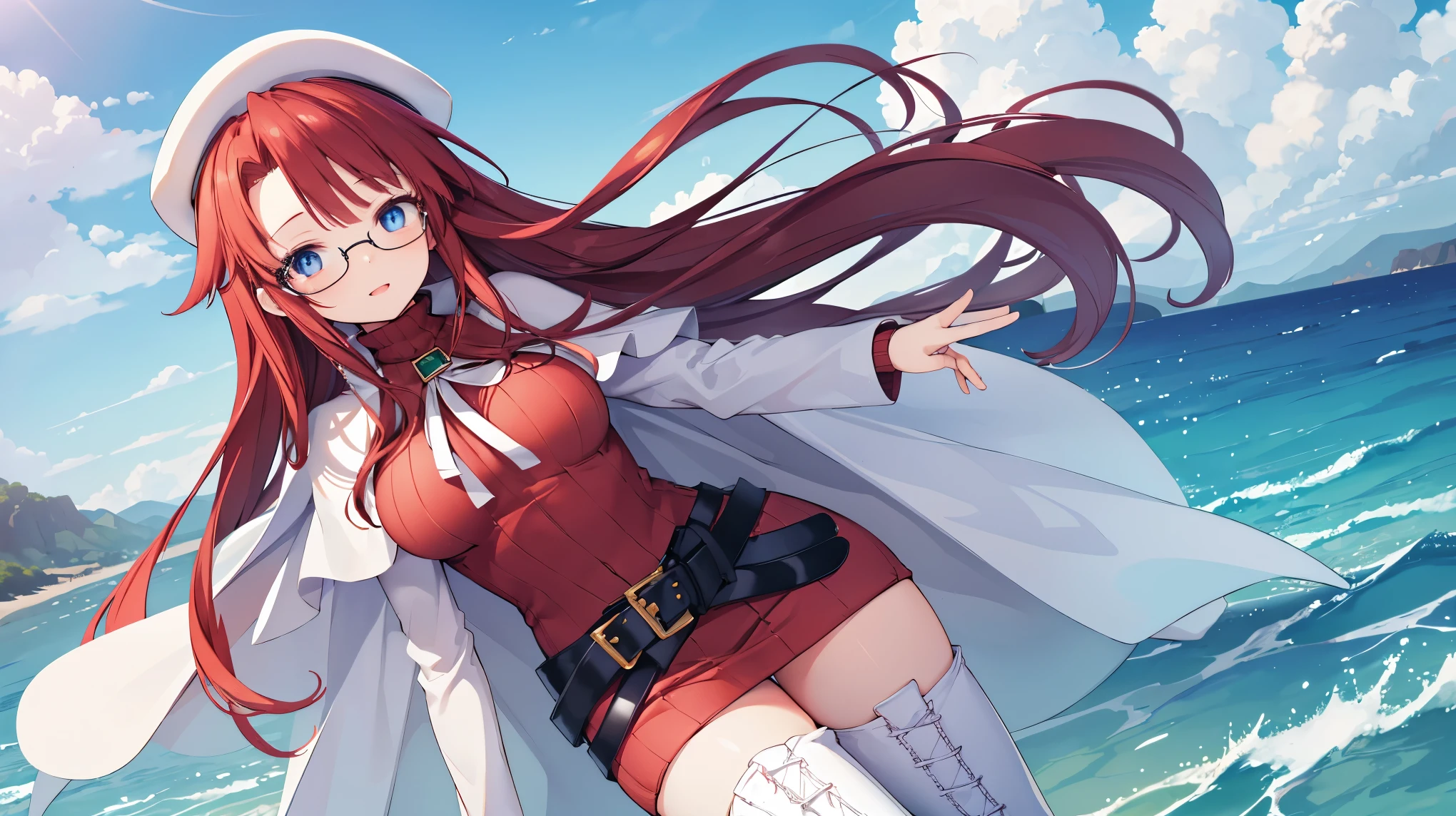 summonnightaty, aty, (young:1.3),long hair, blue eyes, red hair, big_tits, hat, glasses,
BREAK long hair, thighhighs, hat, dress, naked_legs, glasses, belt, cape, sweater, zettai ryouiki, beret, thigh boots, white footwear, ribbed sweater, loose belt,solo,
BREAK outdoors, fantasy,on_beach,
,Highquality_hads,perfect_fingers,
BREAK (masterpiece:1.2), best quality, high resolution, unity 8k wallpaper, (illustration:0.8), (beautiful detailed eyes:1.6), extremely detailed face, perfect lighting, extremely detailed CG, (perfect hands, perfect anatomy),covered_nipples,covered_navel ,half_eyes,long_sword,sleepy_eyes,red_sweater,apart_knees,magical_effect,spread_legs, have_a_book,teacher,rise_knee,Smile,rise_hand,look_down_viewer,spread_arms,sea_waves,looking_into,blue_sky,plump,open_mouth, dynamic_posing,solo