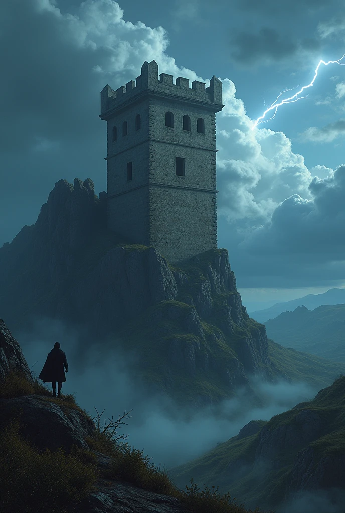 Elements; clouds, lightning, castillo, hill, door, 4 windows, person located in the upper right window