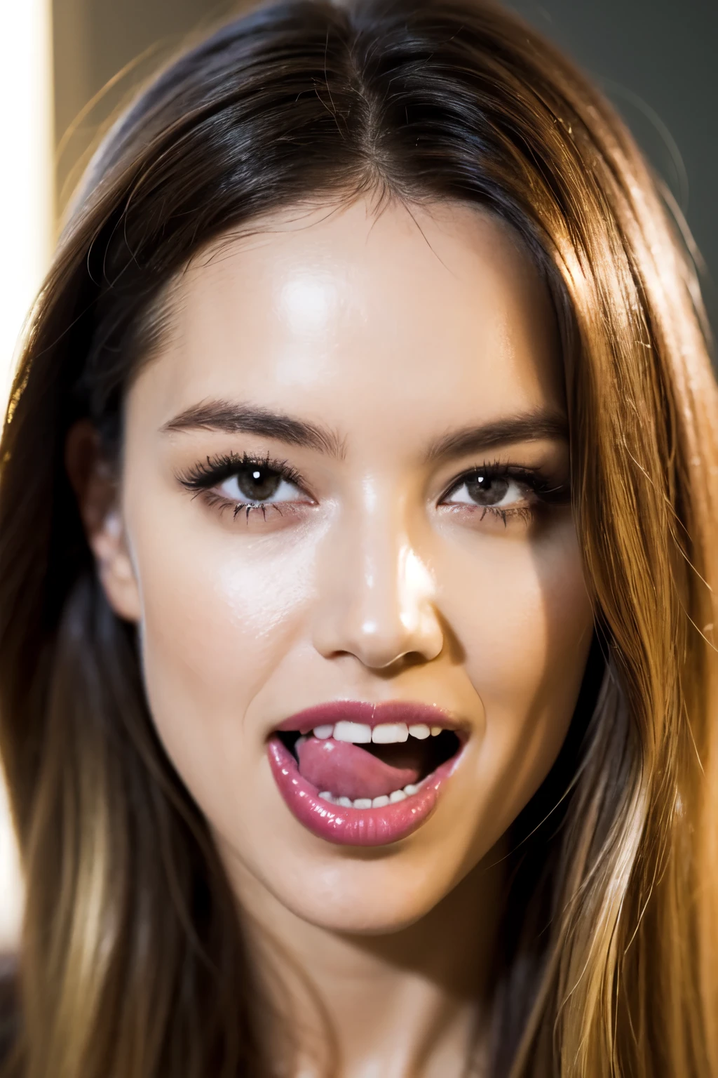 Boca em close-up. Hyper-realistic portrait of a sexy mouth. Her skin glows with naturallight, (((licking your lips, perfekt teeth))), Pornstar. naturallight, 35mm photography, film, proffesional, 4K, highy detailed, golden hour lighting. depth of field f2. Composition of the rule of thirds."