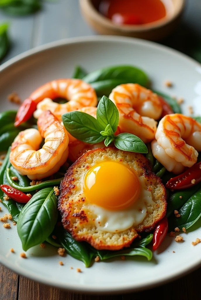 Stir-fried basil with shrimp and fried egg