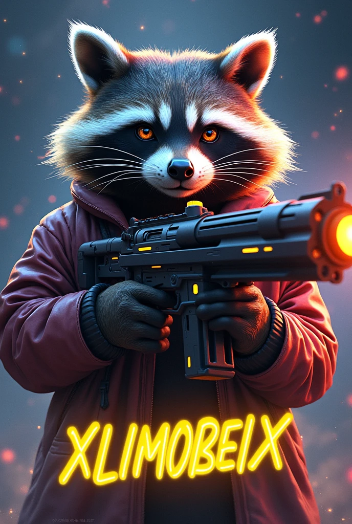 Galactic raccoon with a weapon and below should "XXLIMOBEIXX" are written in neon yellow lettering and pay attention to the name that it is written 1 to 1 like this