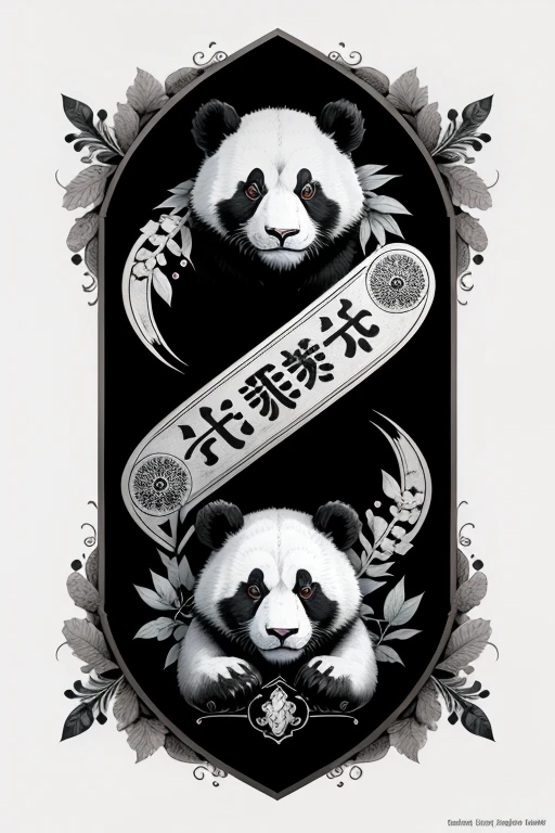 Logo blason, Panda ;work,encre 4 couleurs, beste-Qualit, high resolucion : 1,4), detailded, intricate high detail, 4K, color splashes, dessin au trait, Leonardo da Vinci