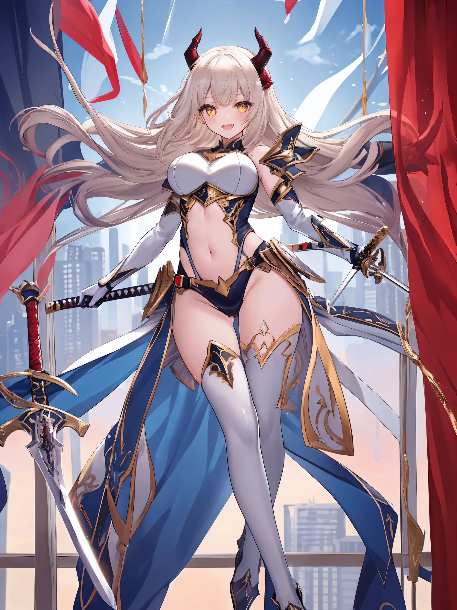 fantasy, 1devil_girl, low_, platina_blond_hair,long_bangs,, bare_shoulder, navel out, thighhighs,silver_armor, red_clothes,waist_armor, Glebe, hold_swords, large_breanamic_flying_pose,Floating,(pelvic_curtain:1.3), silver_Headgear ,looking_down_at_sunrise_city_sky_background,,slightly_spread_legs, some_swords,some_swords_floating_around_the_girl,solo,horn ,smile,,open_legs,open_arms,rise_knee,rise_leg,rise_thigh,rise_leg,forward_leaning_posture,apart_legs,fang,Shiny_gold_eyes,crotch
