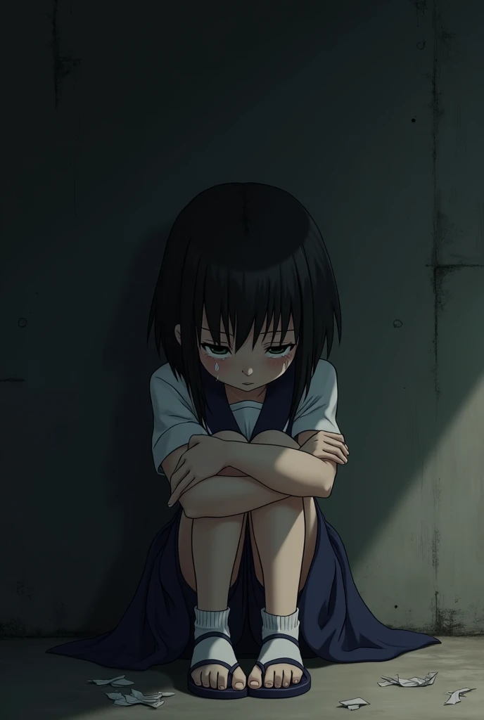 A melancholy Japanese anime schoolgirl sits, tears streaming down her face as she hugs herself, slumped against a black wall. Her traditional schoolgirl uniform is in disarray, hinting at a recent emotional upheaval. The stark contrast between her delicate features and the squalid surroundings adds depth to the poignant narrative woven into this evocative masterpiece.