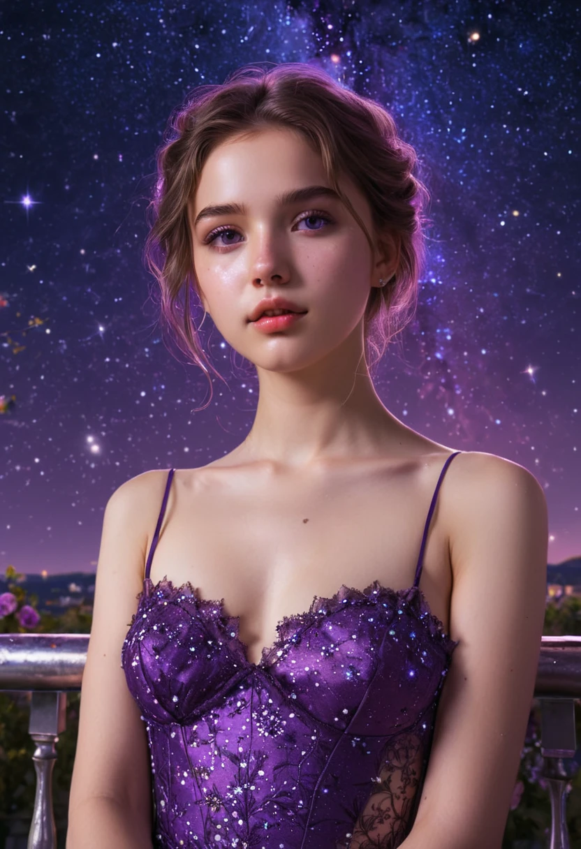 masterpiece, best quality, ultra-detailed, illustration, , , 1girl,solo, image body, flower, looking at viewer, , , purple eyes, jewel-like eyes, extremely detailed eyes, extremely detailed face,, , star (sky), constellation,  purple energy,  railing, meteor