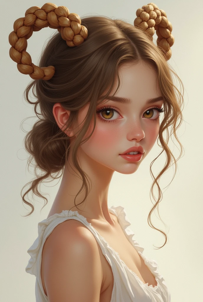 I am jude, a girl with a slim figure and soft features, such as my heart-shaped face. I am is pale and my eyes are exact color of walnuts. My hair is brown, the color of a willow tree. The hairstyle I wear is braided horns. I have fuller breasts and larger hips. And I am 5’5 tall.