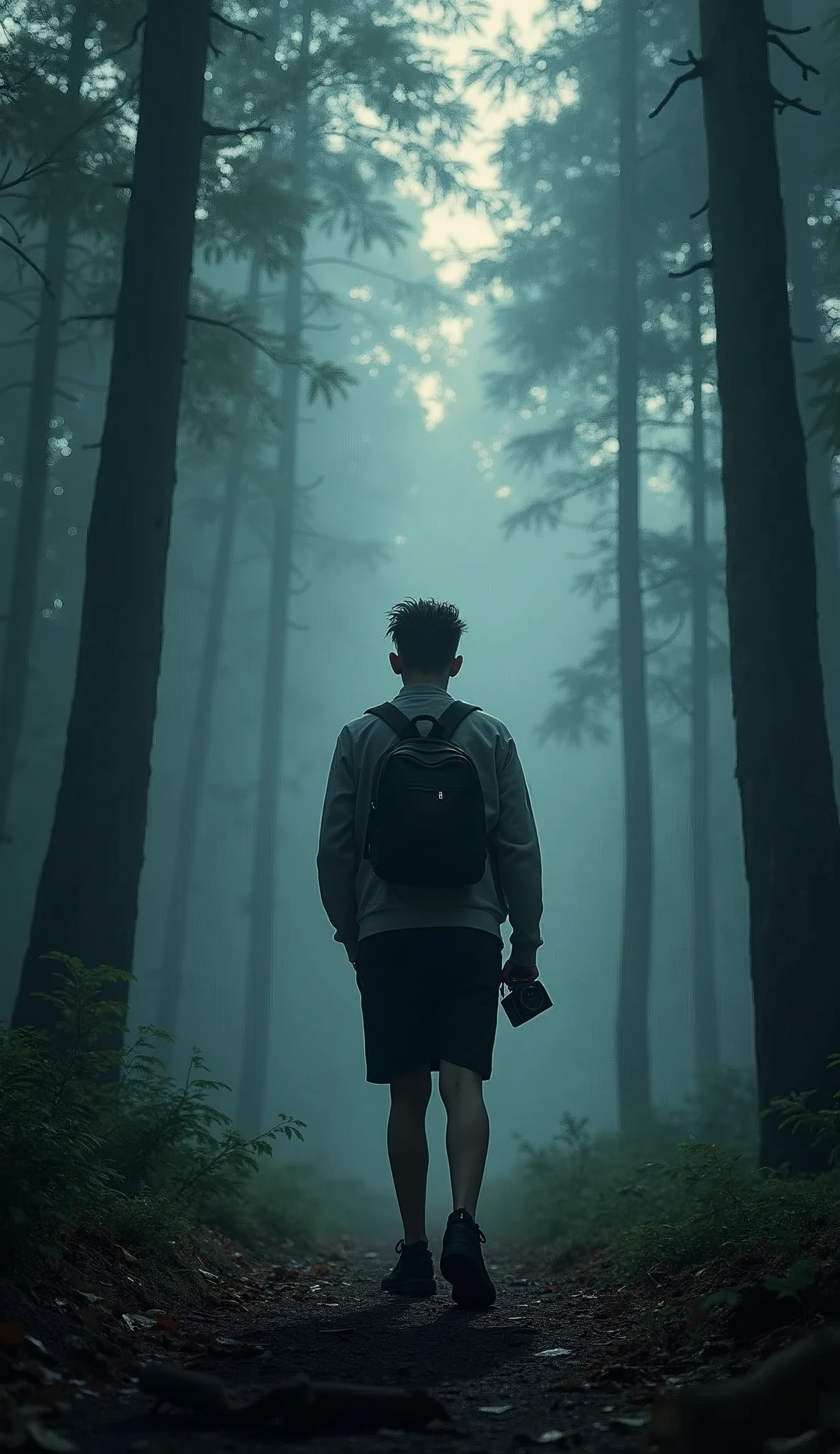 Shadow of a young man with sambo hair with a camera in his hand recording videos for YouTube, in the middle of a dark forest 