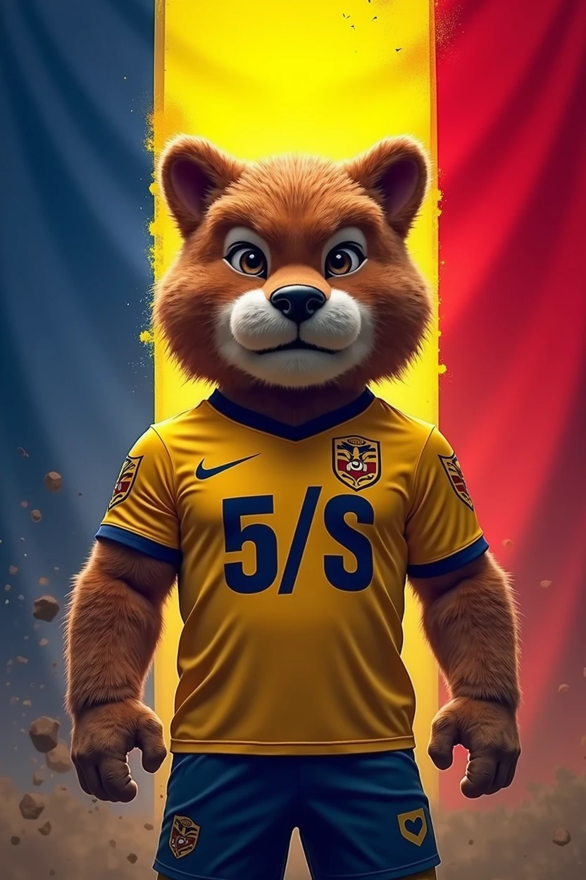 I would like an image of the Romanian flag with the mascot of the Romanian national team symbolizing a war against dirt, and the number 5 written on the mascot's shirt./S