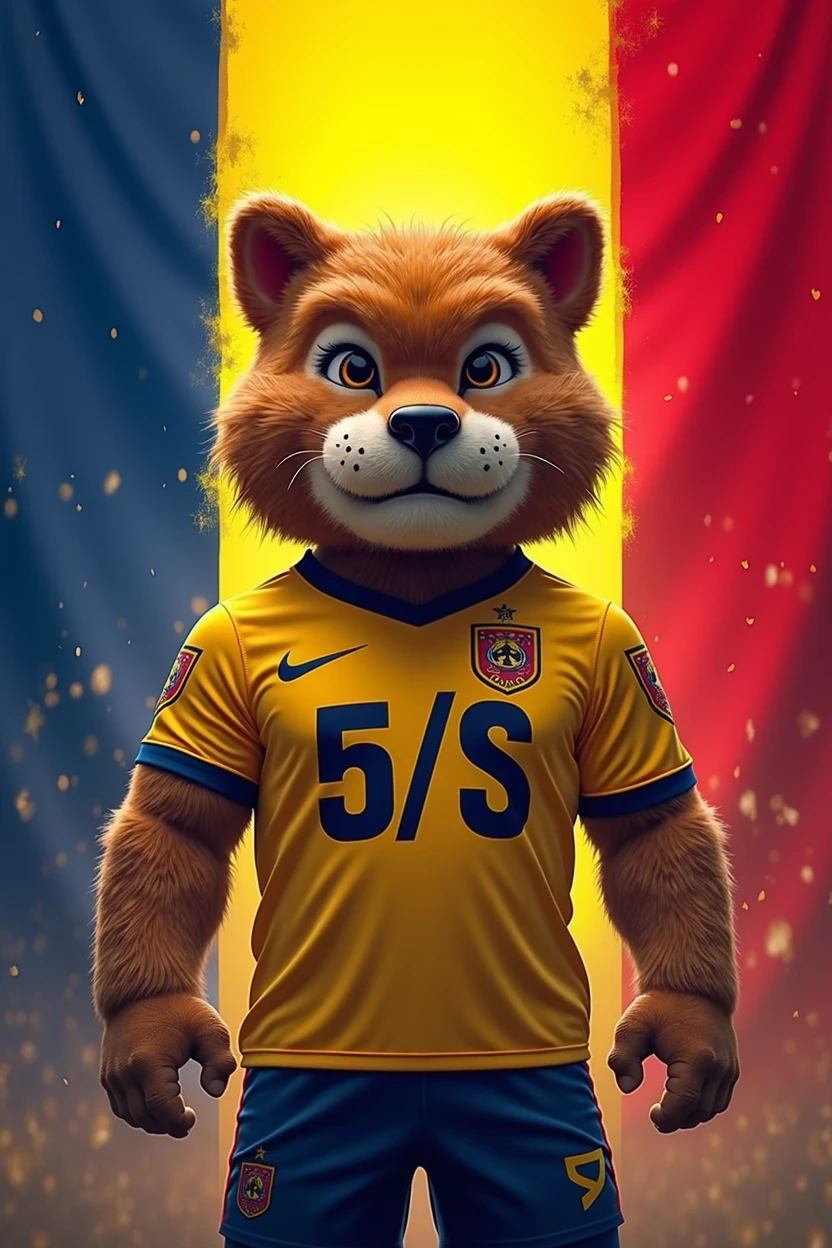 I would like an image of the Romanian flag with the mascot of the Romanian national team symbolizing a war against dirt, and the number 5 written on the mascot's shirt./S