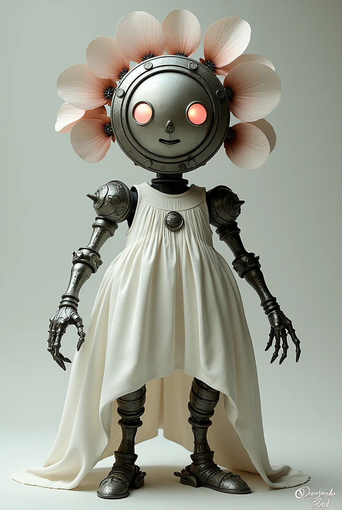 Mechanical object inspired by the Marguerite, with a round metal head in the shape of a circle with metal petals disappointed on its Marguerite-shaped metal head, magnificent arms on it, a round metal-shaped body with a white dress that hides half its legs with disappointed marguerites, light pink eyes, metal pointed feet with disappointed marguerite symbols, and a mouth.
