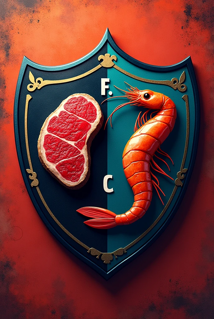Football shield with symbols of meat and seafood , Named Surf And Turf FC