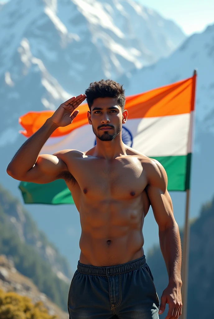 A boy saluting With background of indian flag and himalayas with decent body showing his body posing bchips Without beard age of 19
Showing his face and mascuer gym body
