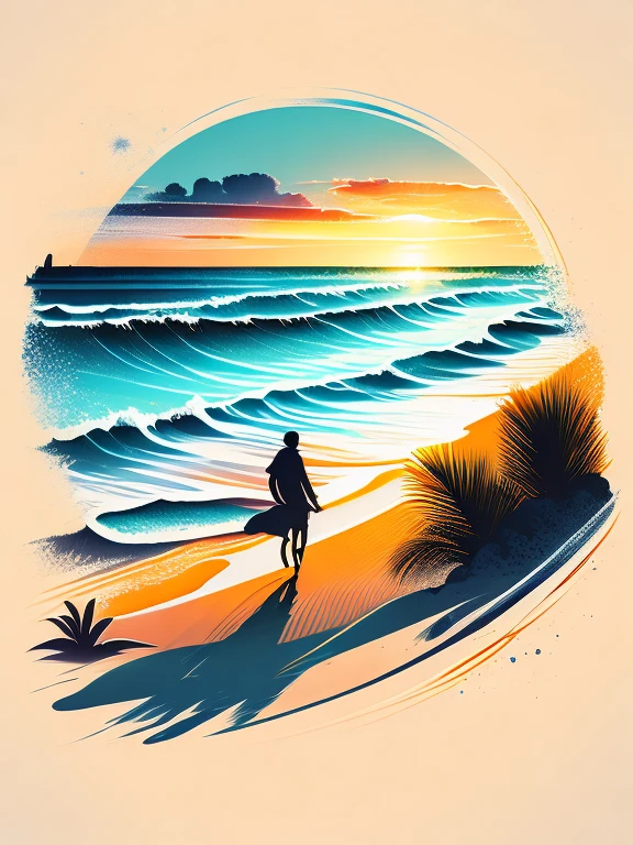 Sunset on the beach, white sand, epic composition, t-shirt design, rzminjourney, vector art