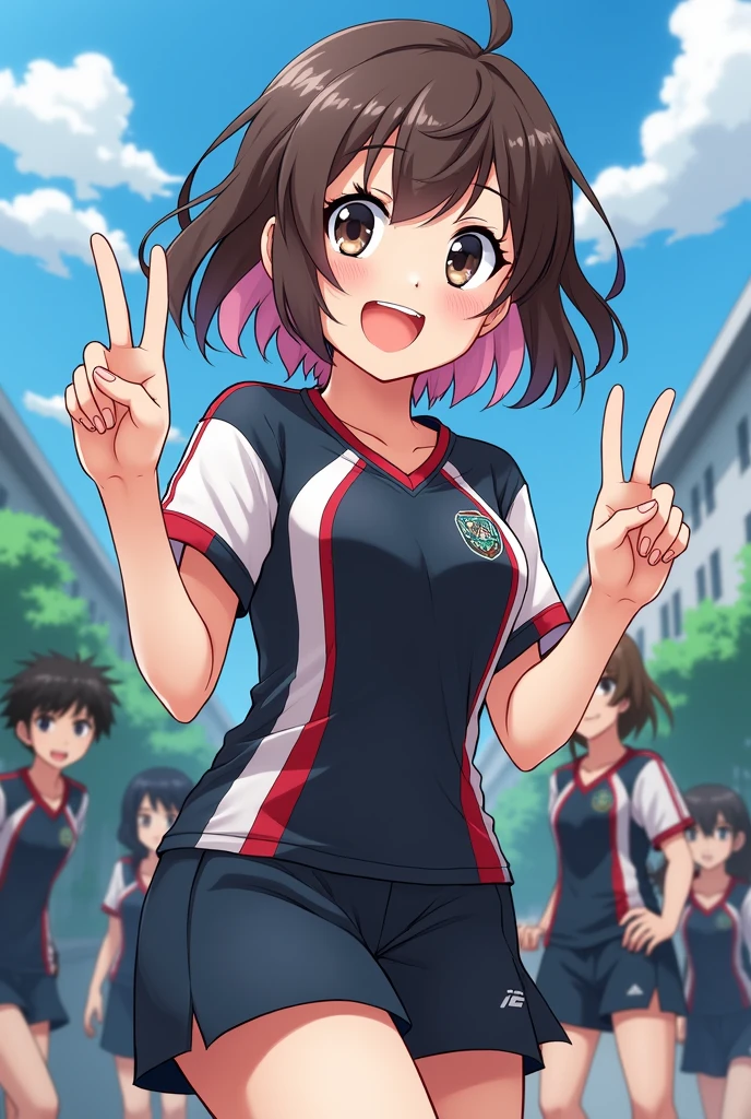 (My Hero Academia anime-style image by Bones) Girl in UA sports uniform, big black eyes, semi short brown hair with some light pink strands slightly wavy with long fringes, she is smiling doing peace pose in the background you see the school with some characters from boku no hero academia (Kaminari Denki and Kirishima Ejirou)