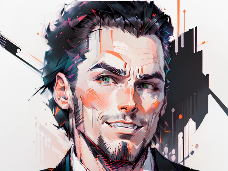 (t-shirt designer), stylized modern vector art, (white background), vector, design, (a close-up of a man in a suit making a face), Patrick Bateman), in American Psycho (1 9 9 9),, ,,(Christian Bale), (smug smile).(minimalist),.few details,colors (black and white).
