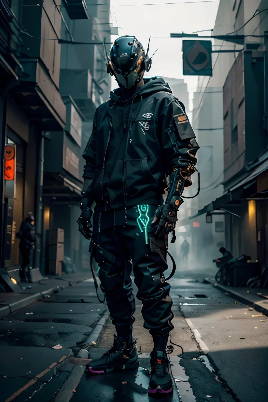 (masterpiece, full body shot, Intricate raw photography)cyberpunk citizen, Oversized extra asymmetrical black hooded sweatshirt, black cargo pants, black clothes, dark, tactical gloves, He is wearing a high-tech black futuristic cyberhelmet., bright, something similar to daftpunk, very intricate, Small LED details, Advanced technology closed helmet, dark environment, dramatico, Light and shadow, ((Cinematic, black black,)) action film, sharpness, neon- modern city, neon street lights, calle dark, evening, Insta photo, photo of the year, Epic resolution, epic quality, Epic clarity, intricate epic,urban techwear,mechanical reel