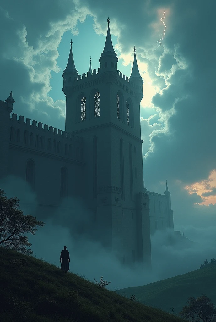 Elements; clouds, lightning, castillo, hill, door, 4 windows, person located in the upper right window
