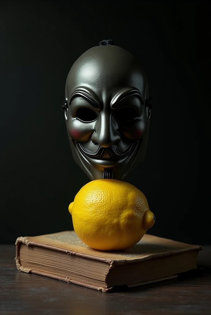 A lemon with a book and an mf doom mask and a black background