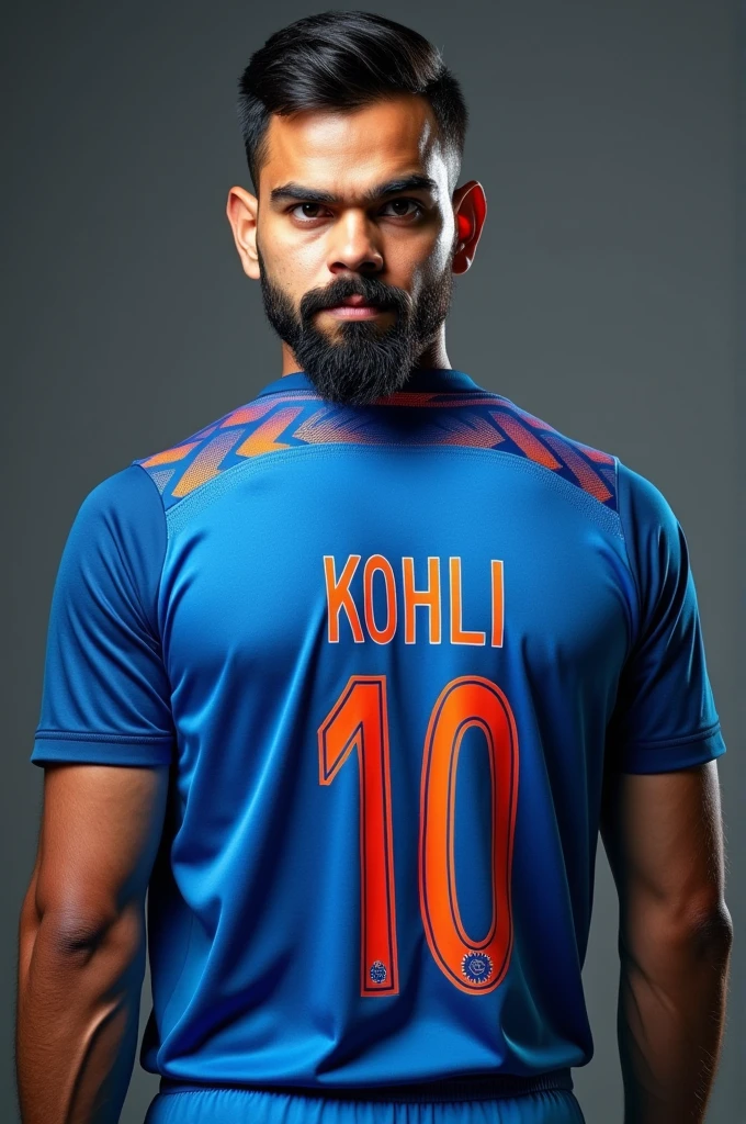 A man in indian cricket jersey whose back side name king kohli