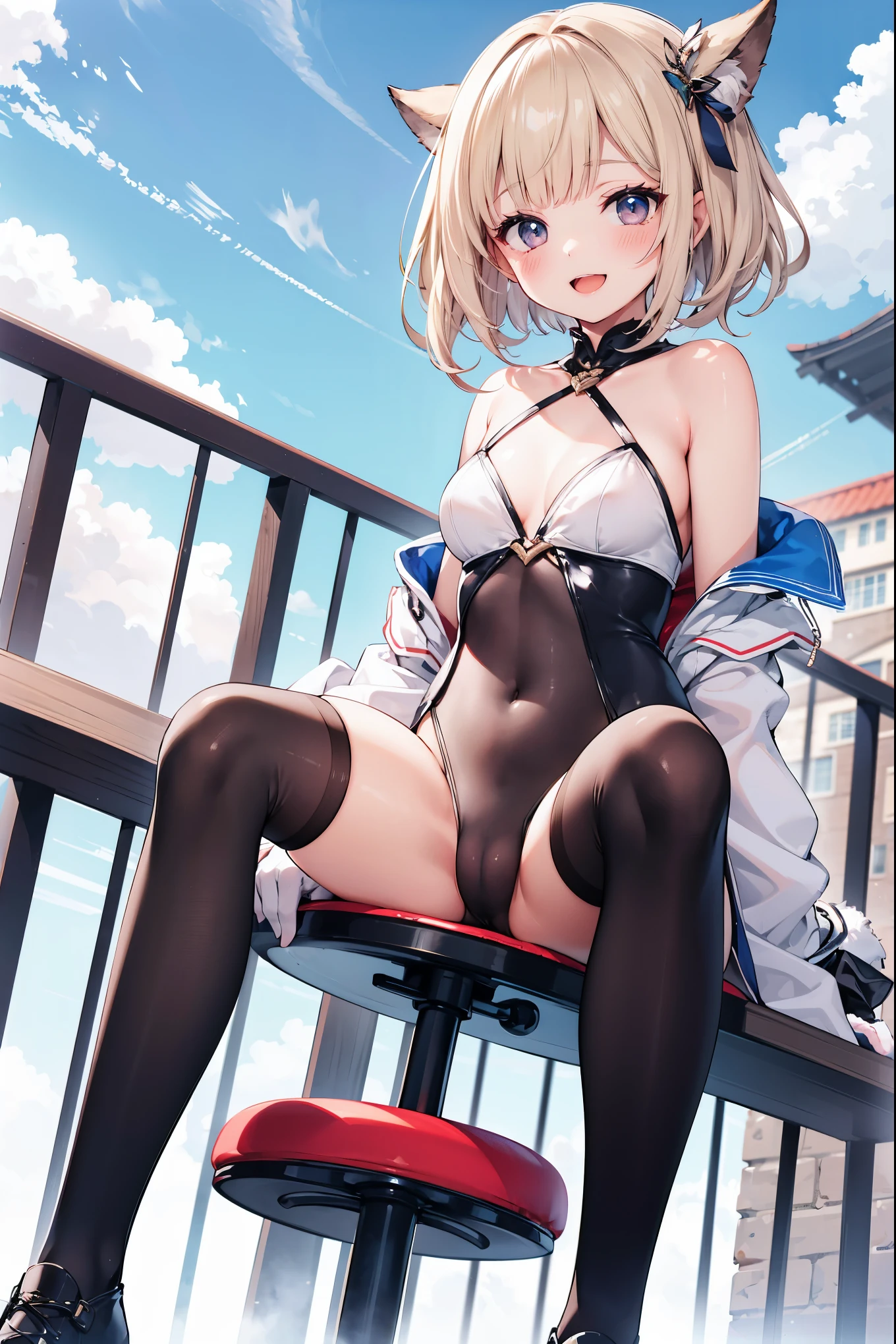 GRANBLUEfantasy,ung_teeirl,brown_hair,medium_bob_hair,platina_blond_hair,white_leotard,covered_crotch,thigh-highs,smile,standing,bluesky_landscape_background,slightly_spread_legs,happiness, short_gloves ,solo, r18, navel,relicbuster,short,boots,open_mouth,sitting,knees,blush,shy,piledriver,(crotch:1.3)
