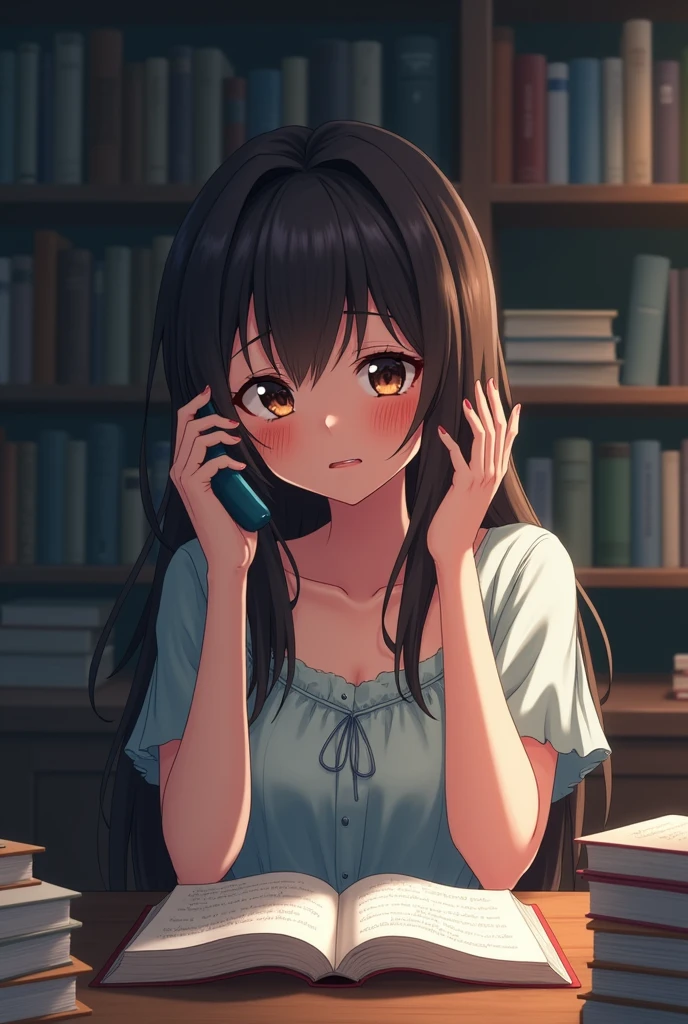 Anime girl, 1 girl image, 9:16, crying, talking on smartphone call, sit on the chair with table, on the table opened a book , many books on the table, she wears beautiful informal full dress , hot body, she likes about 30 years old