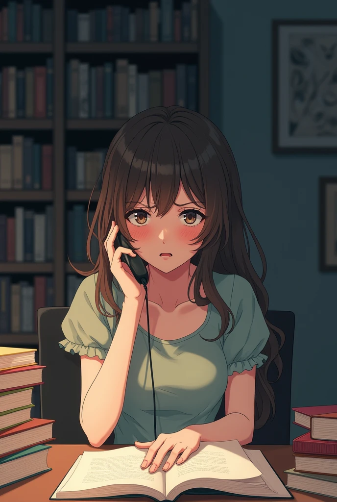 Anime girl, 1 girl image, 9:16, crying, talking on smartphone call, sit on the chair with table, on the table opened a book , many books on the table, she wears beautiful informal full dress , hot body, she likes about 30 years old