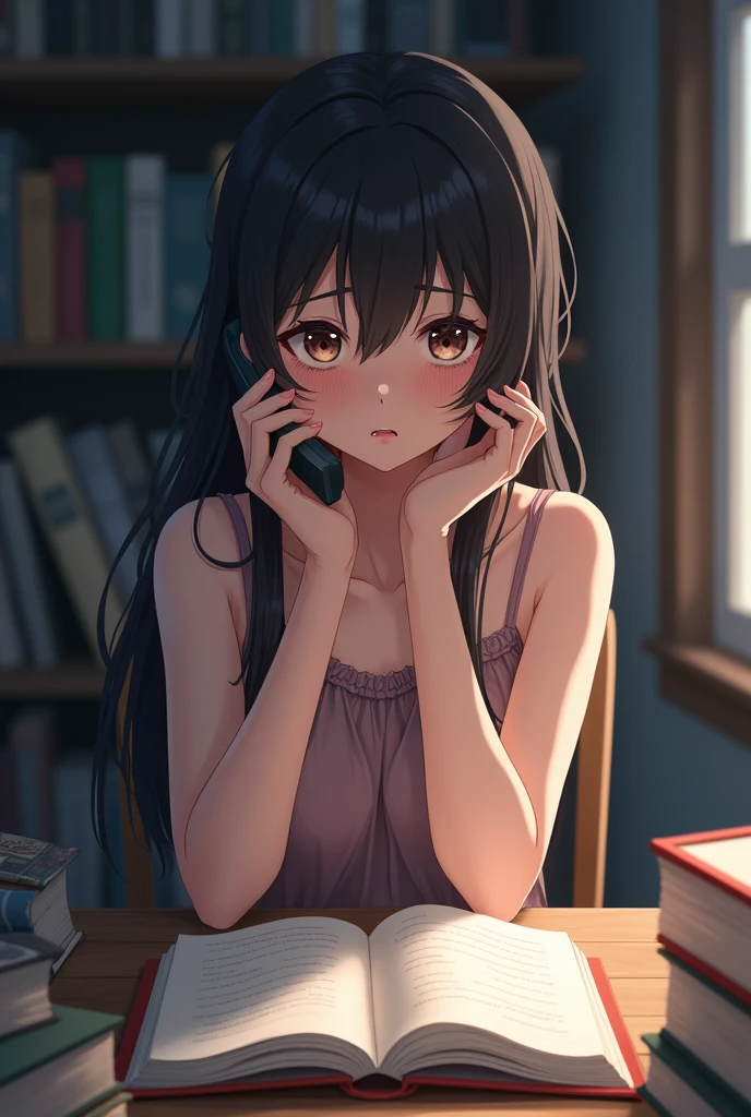 Anime girl, 1 girl image, 9:16, crying, talking on smartphone call, sit on the chair with table, on the table opened a book , many books on the table, she wears beautiful informal full dress , hot body, she likes about 30 years old